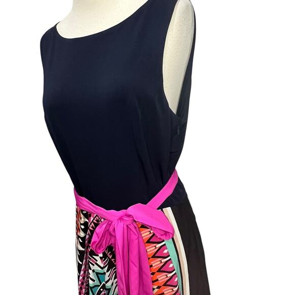 Eliza J Maxi Dress Women 14 Black Multicolor Scarf Print Jersey Sleeveless Lined - Picture 4 of 15